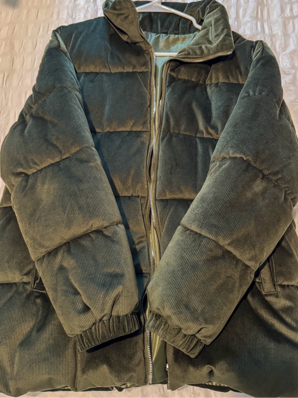 Women's Olive Green Puffer Coat - Corduroy Quilted Jacket